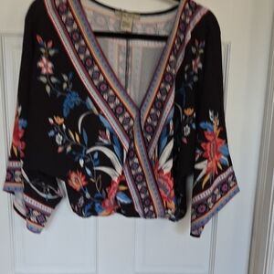 Flying Tomato Black Floral Wrap Blouse